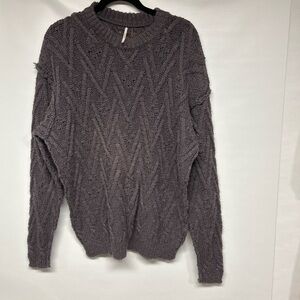 Free People Gray Cable Knit Crewneck Sweater